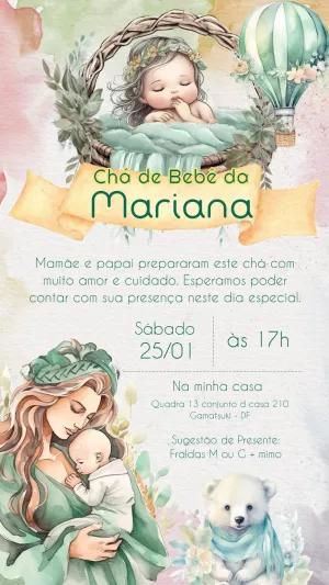 Convite Chá de Bebê Menina Aquarela para Editar Online