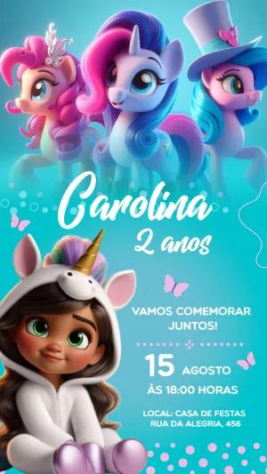 Convite de Aniversário Unicórnio e Pôneis para Editar Online