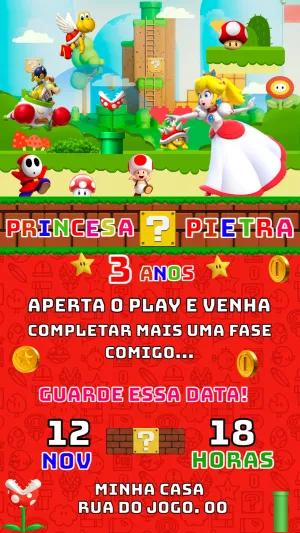 Convite Aniversário Princesa Peach e Mario Bros para Editar