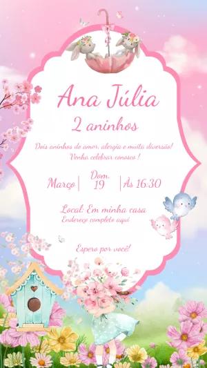 Convite Aniversário Jardim Encantado com Coelhinhas para Editar