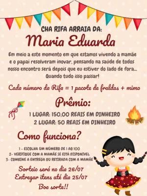 Convite Chá Rifa Arraiá com Menina Caipira para Editar Online