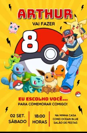 Convite de Aniversário Pokémon com Personagens para Editar Online
