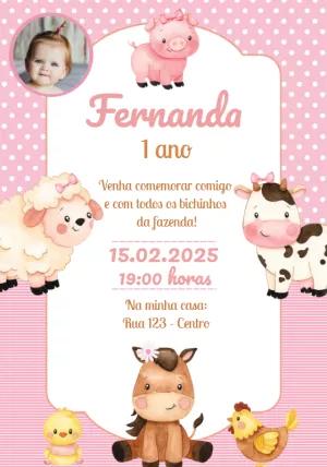 Convite Aniversário Fazendinha Rosa com Foto para Editar Online