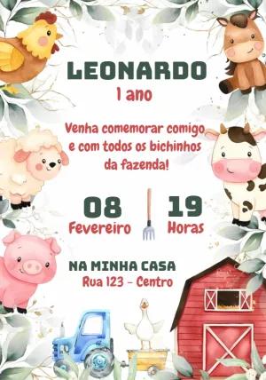 Convite Aniversário Fazendinha com Animais para Editar Online