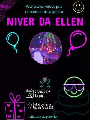 Convite de Aniversário Neon com Foto para Editar Online