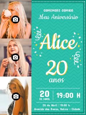 Convite de Aniversário com 3 Fotos para Editar Online