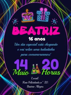 Convite de Aniversário Neon para Editar e Imprimir Online