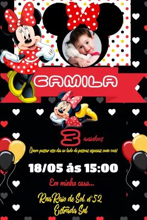 Convite de Aniversário Minnie Mouse com Foto para Editar