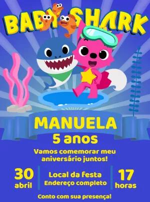Convite de Aniversário Baby Shark com Personagens para Editar