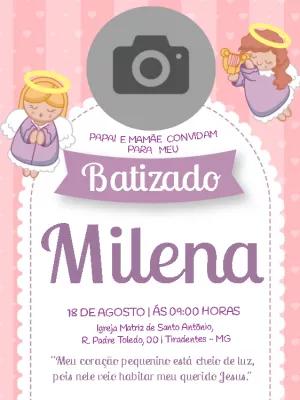 Convite de Batizado Rosa com Anjinhos e Foto para Editar