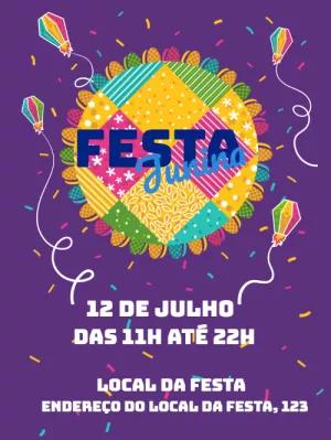 Convite de Festa Junina com Patchwork Colorido para Editar