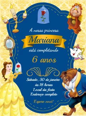 Convite de Aniversário A Bela e a Fera para Editar Online