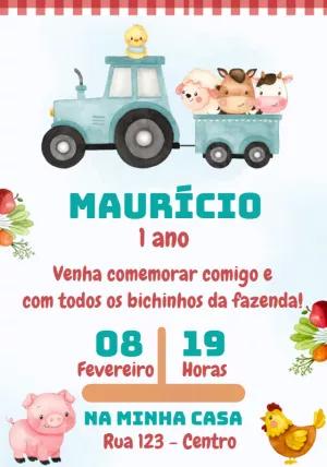 Convite de Aniversário Fazendinha com Trator para Editar Online