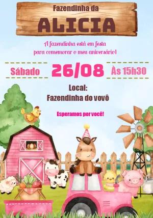 Convite de Aniversário Fazendinha Rosa para Editar Online