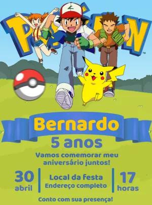 Convite de Aniversário Pokémon com Ash e Pikachu para Editar