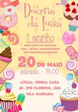 Convite de Aniversário Tema Doceria para Editar Online