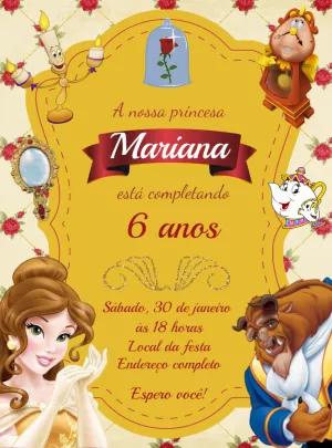 Convite de Aniversário A Bela e a Fera com Personagens para Editar