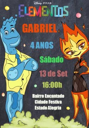 Convite Aniversário Elementos com Personagens para Editar Online