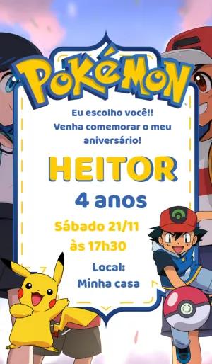 Convite de Aniversário Pokémon com Ash e Pikachu para Editar
