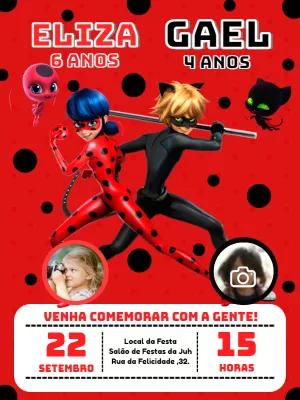 Convite Aniversário Duplo Miraculous e Cat Noir com Foto para Editar