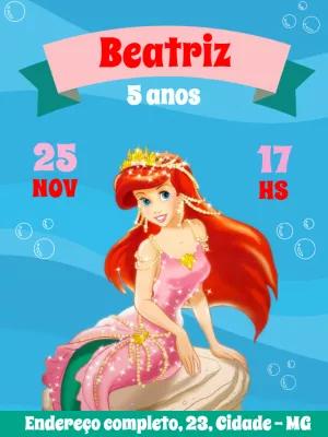 Convite Aniversário Princesa Ariel Pequena Sereia para Editar