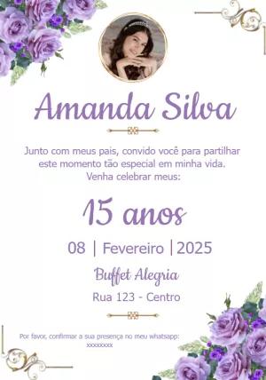 Convite 15 Anos Floral Lilás com Foto para Editar Online