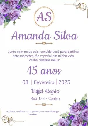 Convite 15 Anos Floral Lilás Elegante para Editar Online