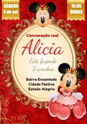 Convite Aniversário Minnie Realeza Vermelha para Editar Online