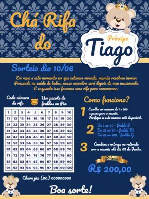 Convite Chá Rifa Ursinho Príncipe Azul e Dourado para Editar