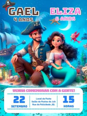 Convite Aniversário Duplo Pirata e Sereia para Editar Online