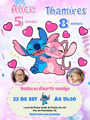 Convite Aniversário Duplo Stitch e Angel com Foto para Editar