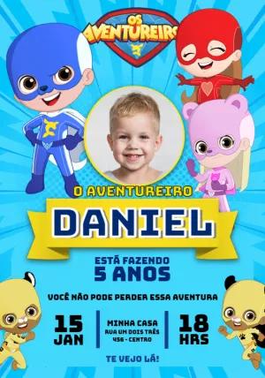 Convite Aniversário Os Aventureiros com Foto para Editar Online