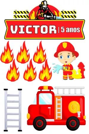Topo de Bolo Festa Bombeiro com Elementos para Editar