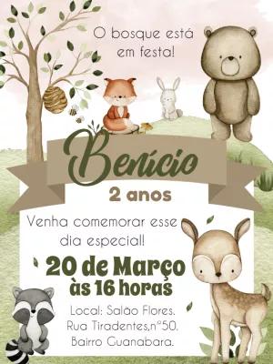 Convite Aniversário Bosque Encantado com Animais para Editar