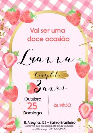 Convite Aniversário Morango Aquarela para Editar Online