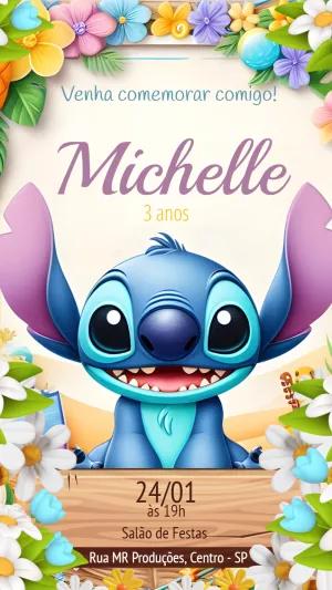 Convite de Aniversário Stitch Floral para Editar Online