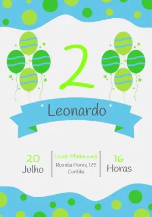 Convite Aniversário Balões Verde e Azul para Editar Online