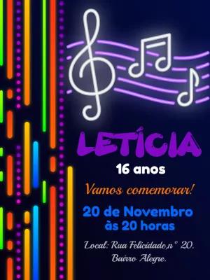 Convite de Aniversário Neon Musical para Editar Online