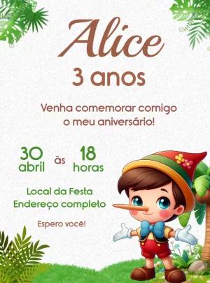 Convite de Aniversário Pinóquio para Editar e Imprimir