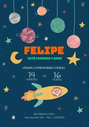 Convite Aniversário Galáxia com Foguete para Editar Online