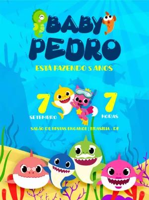 Convite de Aniversário Baby Shark com a Família Tubarão para Editar