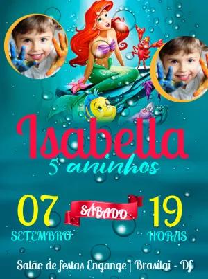 Convite Aniversário Pequena Sereia com Foto para Editar Online