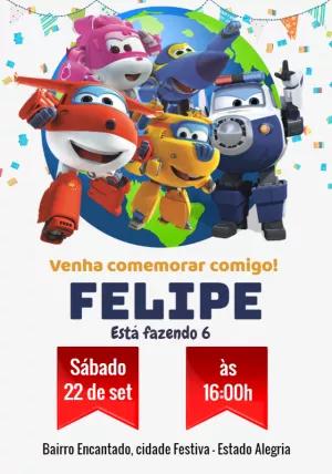 Convite Aniversário Super Wings com Personagens para Editar Online
