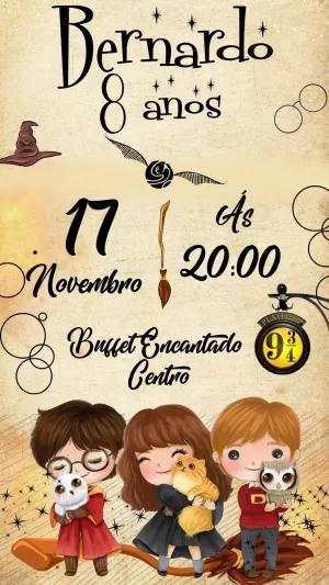 Convite de Aniversário Harry Potter Editável com Personagens