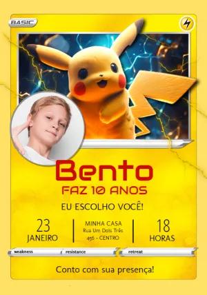 Convite Aniversário Pokémon Pikachu com Foto para Editar