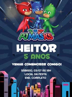 Convite de Aniversário PJ Masks com Heróis para Editar Online