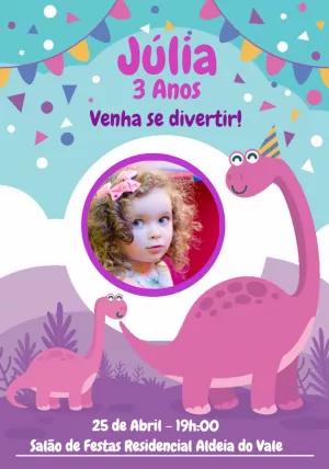 Convite de Aniversário Dinossauro Rosa para Editar Online