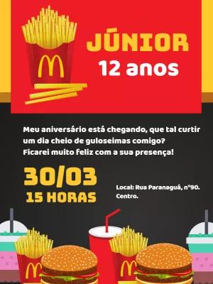 Convite de Aniversário Tema Fast Food para Editar Online