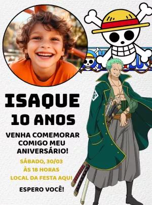 Convite Aniversário One Piece Zoro com Foto para Editar Online