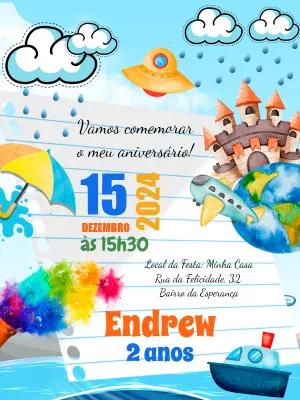 Convite Aniversário de Menino Aquarela para Editar Online